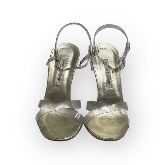 Manolo Blahnik 𖦹 Clear PVC Vinyl Ankle Strap Stiletto Heels Sandals 𖦹 Gold 𖦹 - Picture 7 of 16